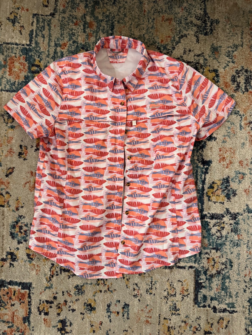 L.L. Bean Coral and Blue Feather Print Button-Down Shirt